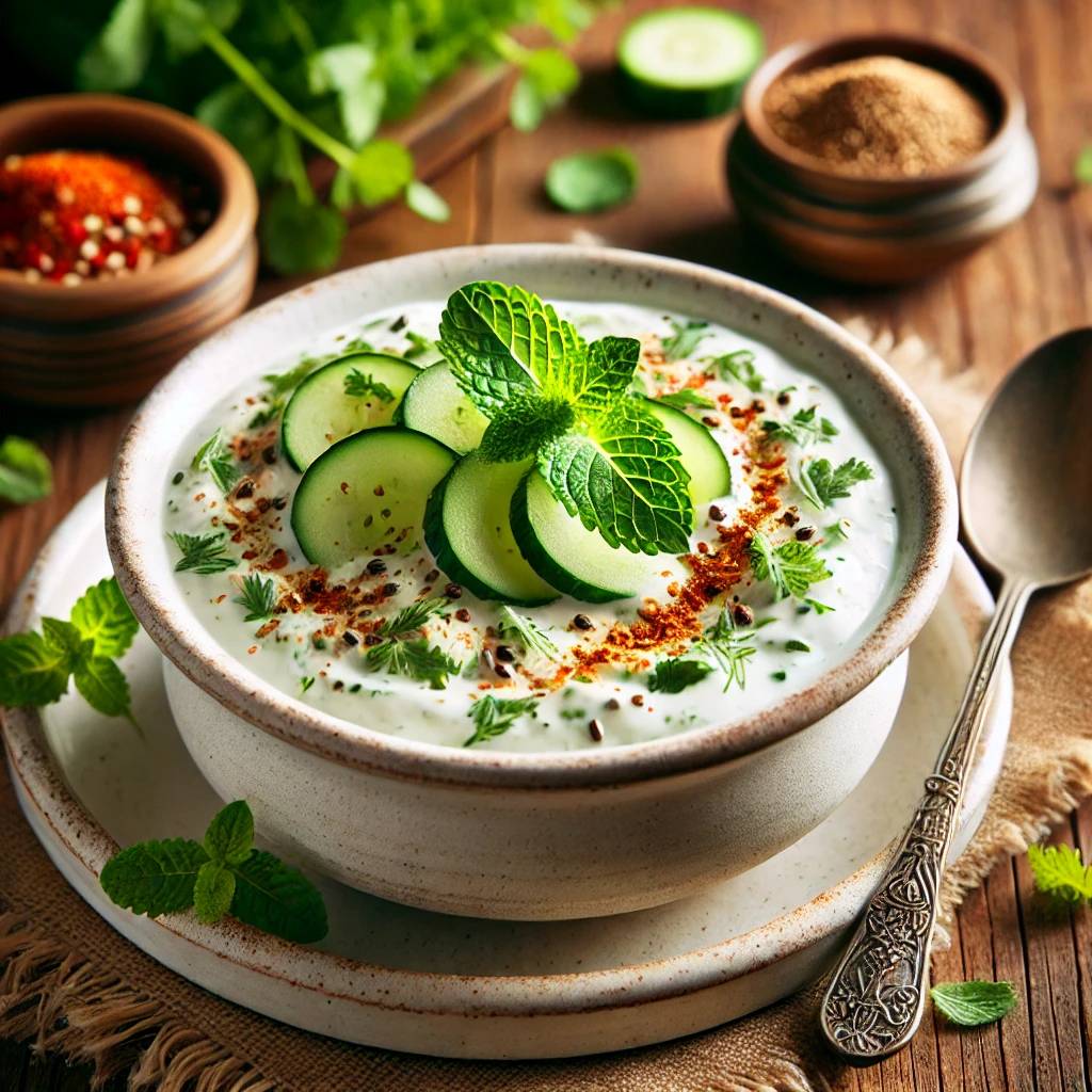 Simple Raita made with cucumber and yogurt (curd)