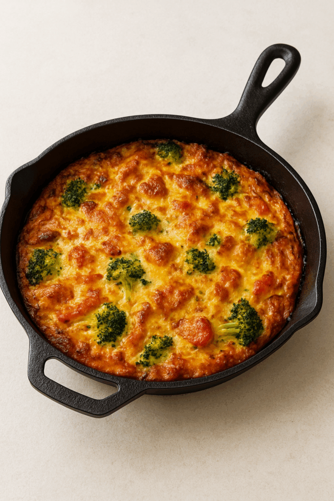 Baked casserole dish in cast iron skillet fresh from oven.