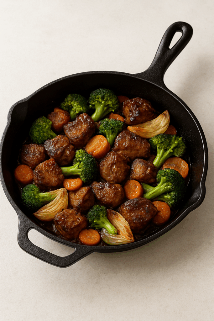 Cast iron pan meal with vegetables and meat, showcasing versatile cookware.