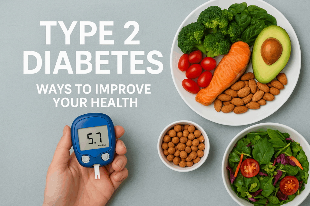 Hand holding a glucose meter showing 5.7 mmol/L beside a plate of healthy foods including salmon, avocado, broccoli, tomatoes, almonds, chickpeas, and salad – symbolising type 2 diabetes management.