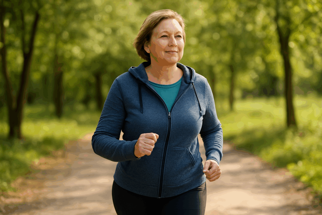Middle-aged person walking outdoors in sportswear, representing physical activity as part of type 2 diabetes management.