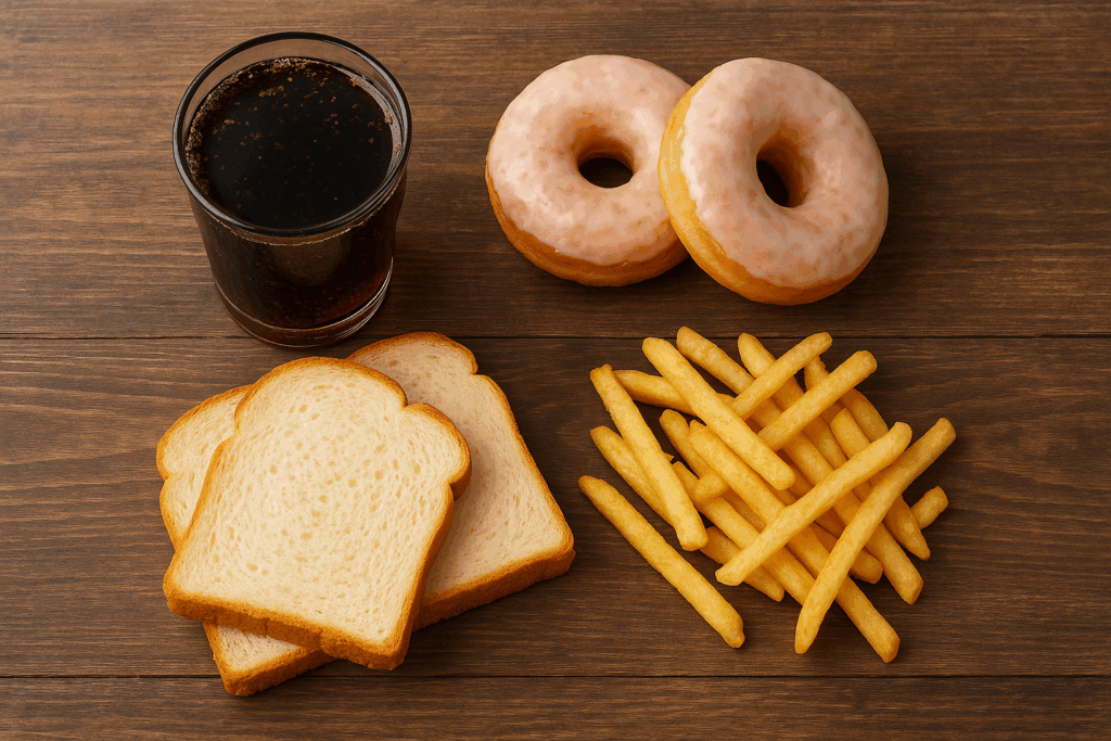 Unhealthy foods for type 2 diabetes including doughnuts, white bread, fizzy drinks, and fried chips on a wooden table.