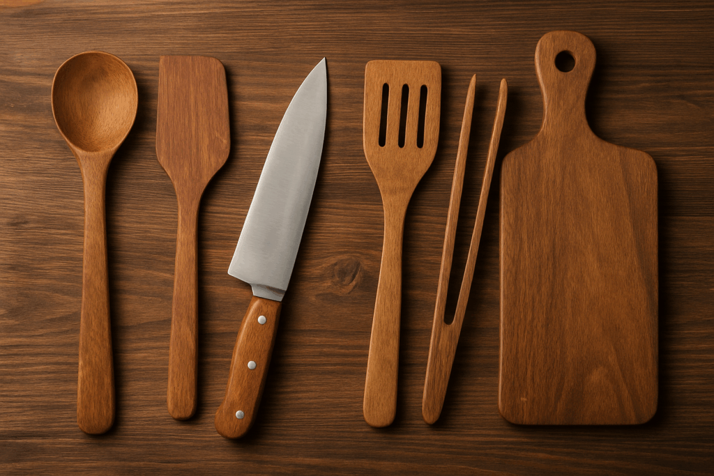 Rustic wooden kitchen utensils and chef’s knife on a wooden surface – essential cooking tools