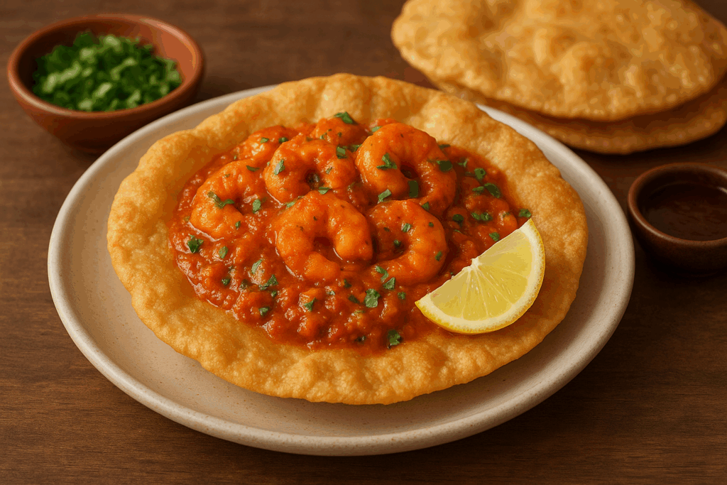 Golden crispy puri topped with spiced prawn curry in a rich tomato sauce, garnished with fresh cilantro and served with a lemon wedge.