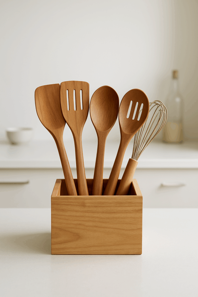 Collection of wooden kitchen utensils in a wooden box minimalist kitchen.