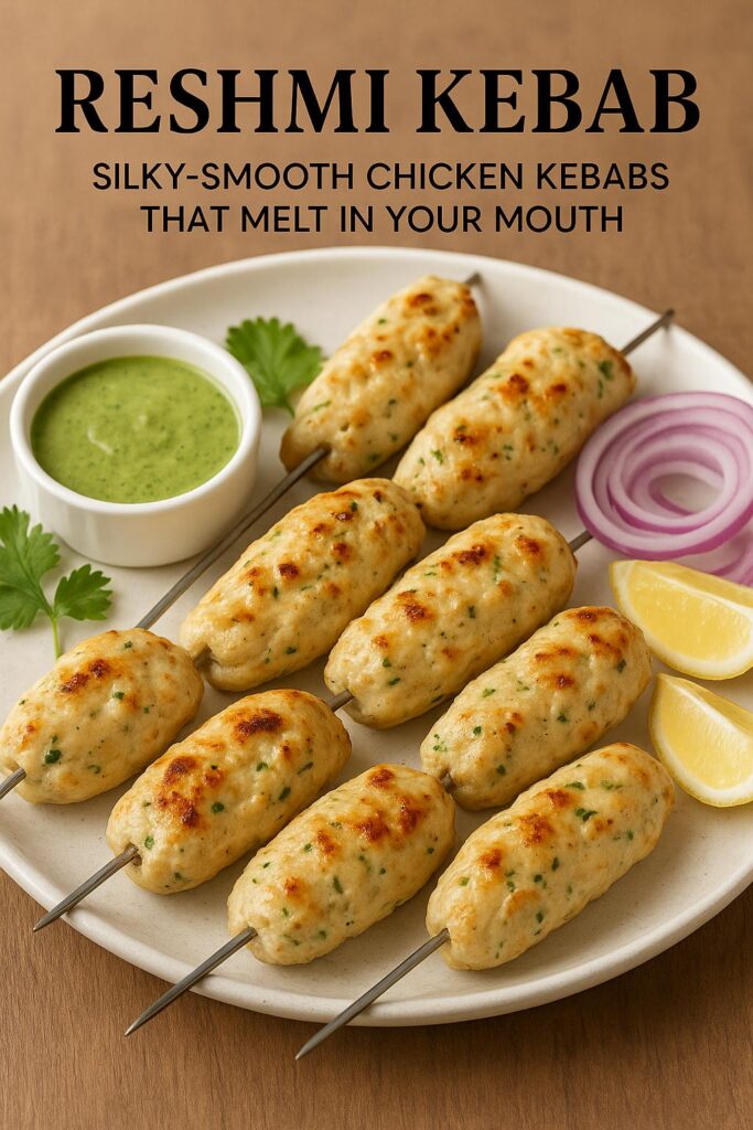 Close-up of golden, silky-smooth Reshmi Kebabs on skewers, served on a white plate with mint chutney, onion rings, lemon wedges, and coriander garnish.
