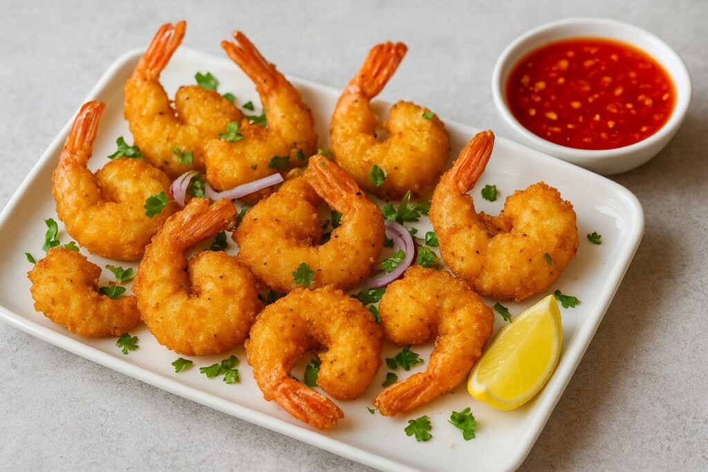 Golden crispy king prawn butterfly served with chilli garlic dip, lemon wedge, and fresh coriander garnish on a white platter.