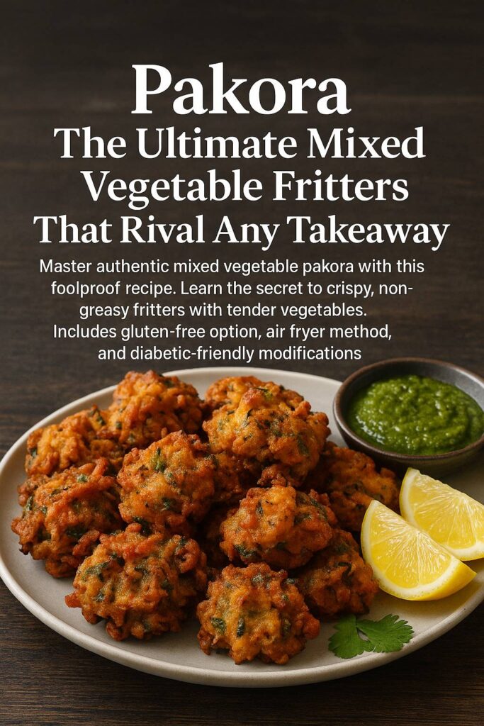 Golden, crispy mixed vegetable pakoras served with green chutney and lemon wedges on a rustic plate.