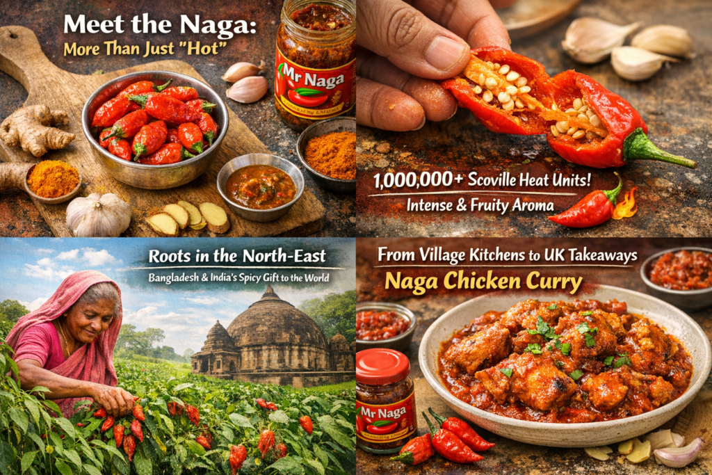 Collage showing Naga chilli origins, farming, and dishes from South Asia to the UK