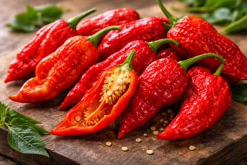 Vibrant red Naga chilli peppers with one sliced open showing seeds on a wooden surface